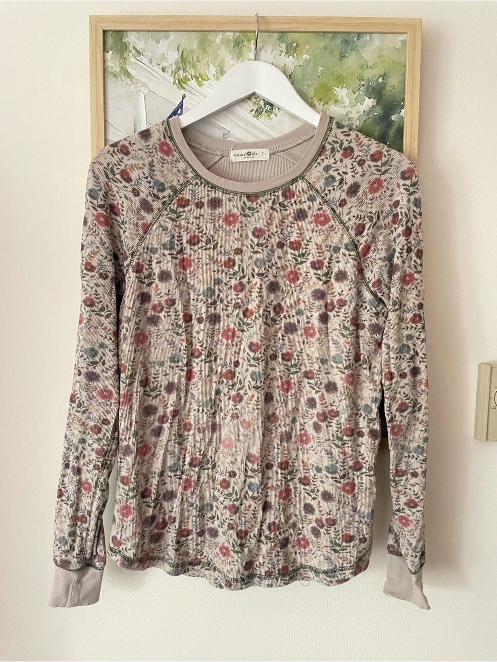 Natural Life Floral Ribbed Thermal Knit Long Sleeve Shirt Small Beige Pink